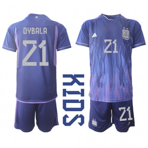 Fotballdrakt Barn Argentina Paulo Dybala #21 Bortedraktsett VM 2022 Kortermet (+ Korte bukser)